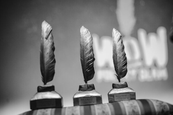 Goldene Feder Trophäen beim WoW Poetry Slam NRW – Preis für Gewinner:innen eines Poetry Slam Wettbewerbs